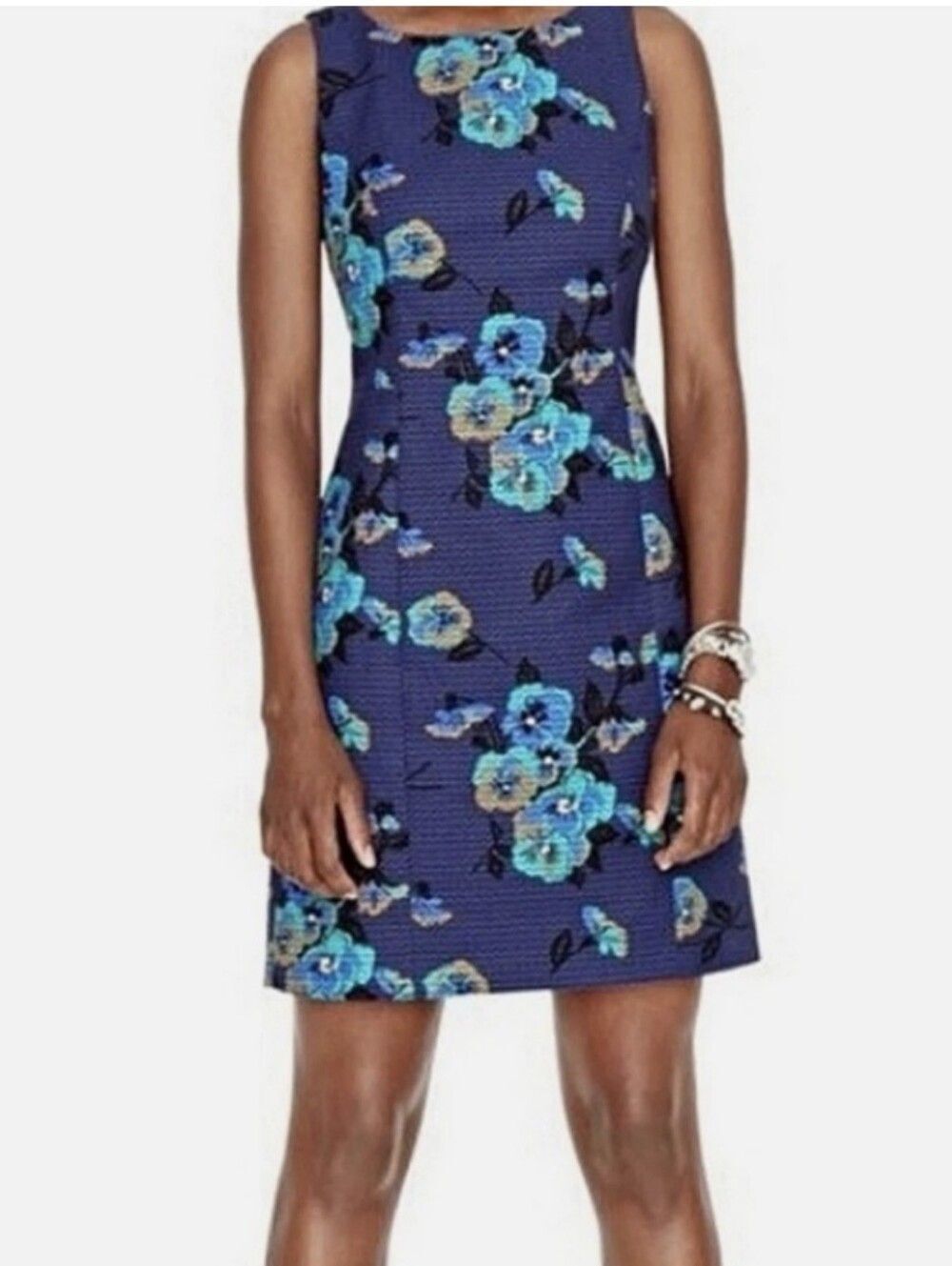Fossil Angelina  Textured French Blue Floral Print Dress. Career,Classic